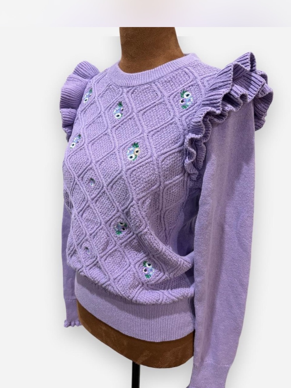 Charter Club Lavender Floral Embroidered Ruffle Shoulder Sweater Small